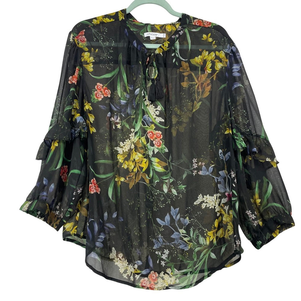 Chicos Size 3.5 XL / 18 Floral Chiffon Tie Neck Ruffle Sleeve Blouse Black Women